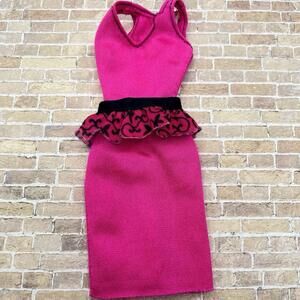 Retro Barbie Pink Knit Peplum Dress 1980s 1990s Fashion Black Lace  BC5